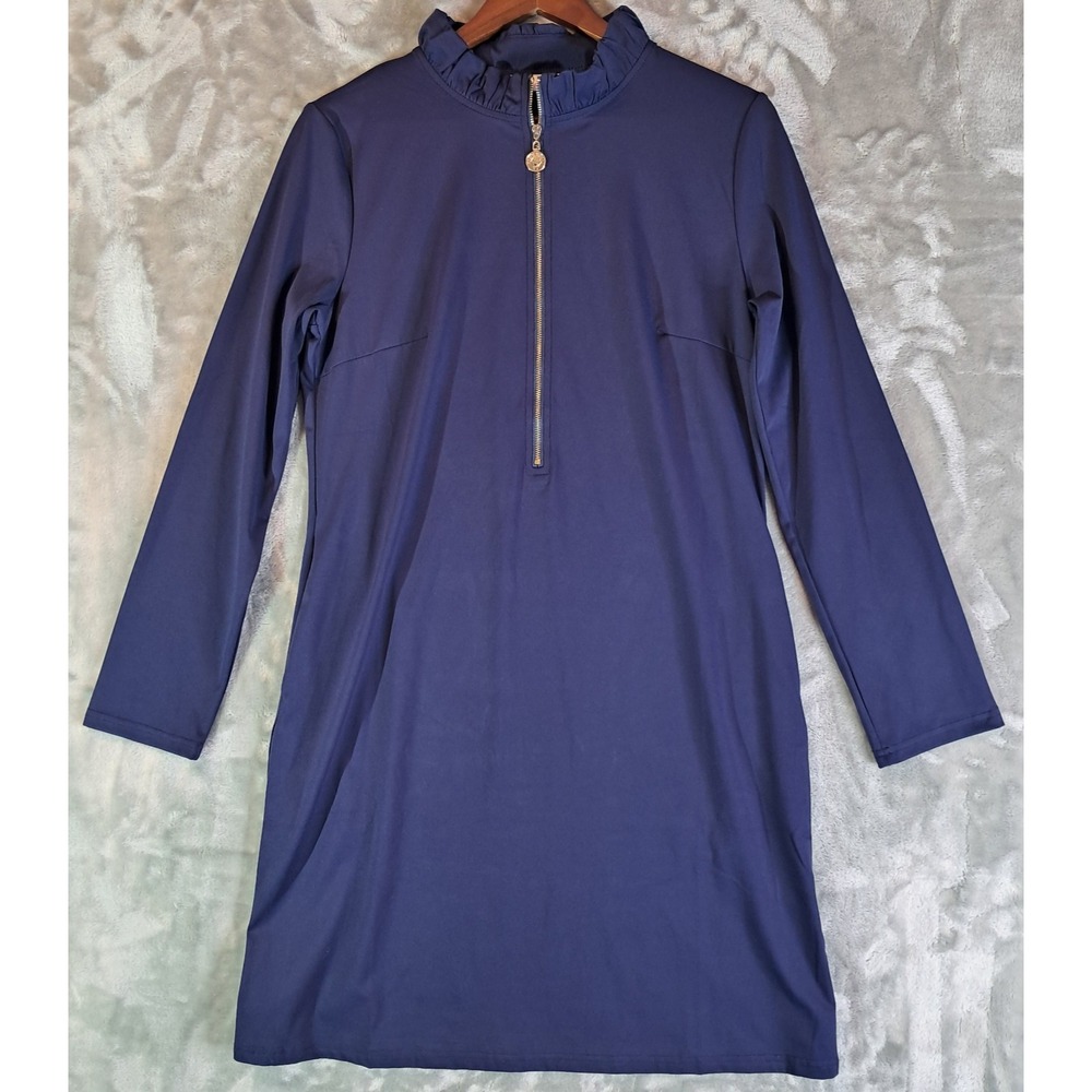 Aryeh Dress Size Medium M Navy Blue Gold Half Zip Ruffle Collar Long Slv Stretch